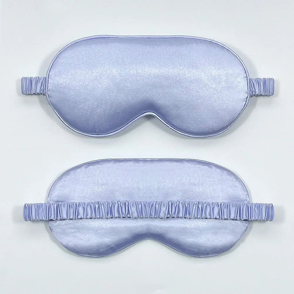 Double-sided silk-like eyeshade in rayon elastic satin shown in multiple colour options including black, beige, and wine red