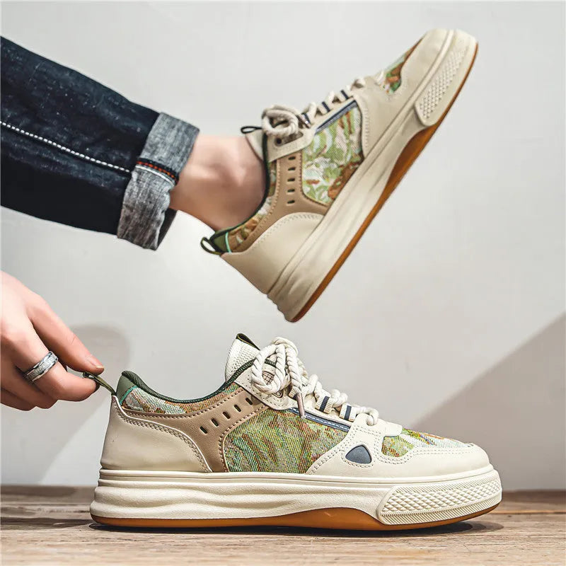 Men's flat heel canvas casual shoes in Milan green and beige colours, showing round toe design.