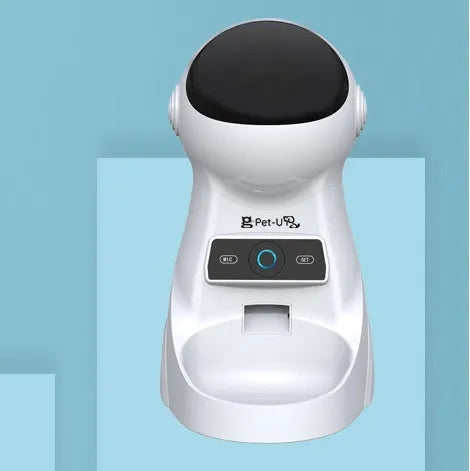 White WiFi automatic pet feeder with 3L dry food capacity, programmable timed portions, L210 x W290 x H380 mm