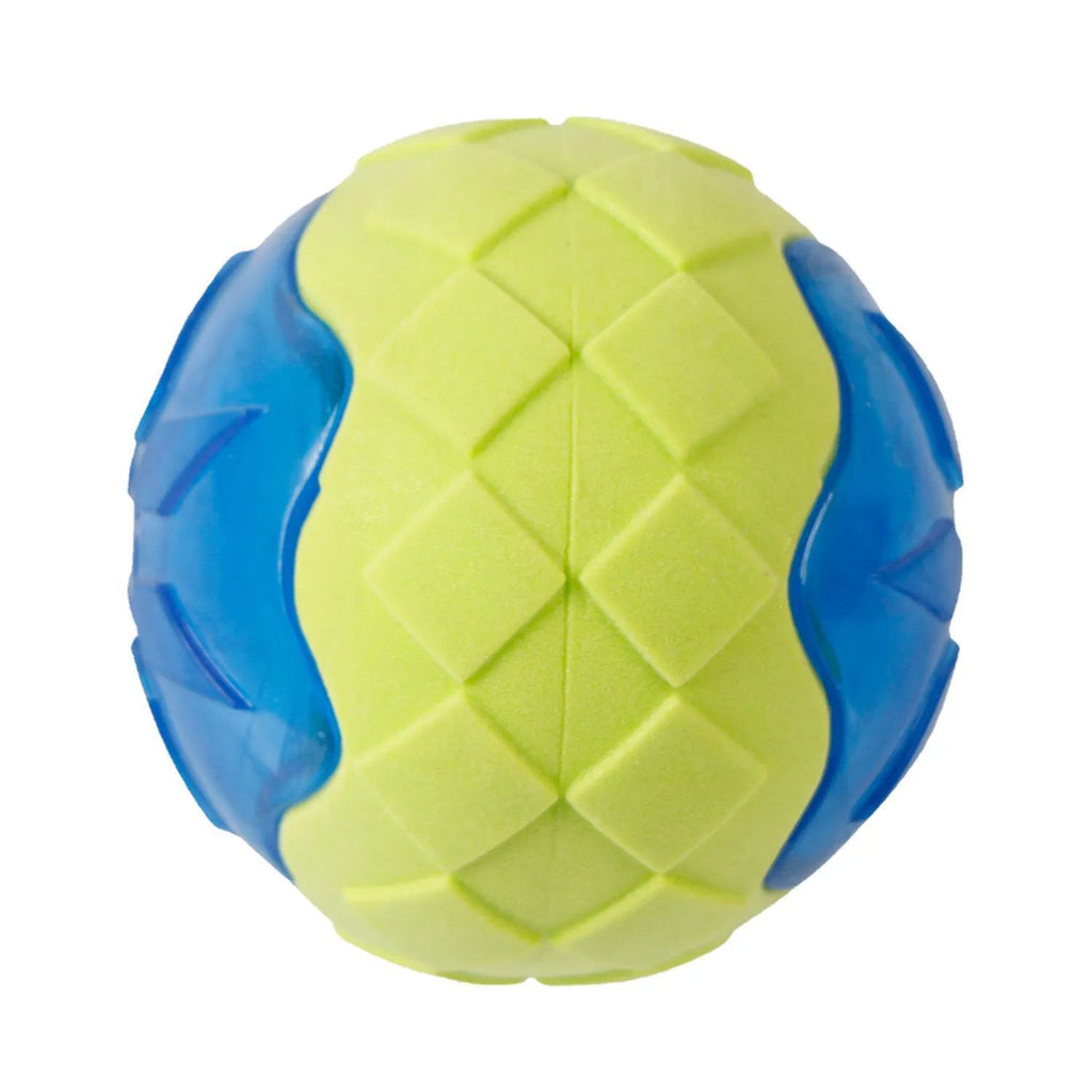 Blue dog toy ball 9 cm TPR material with squeak and glow features for chewing and fetch
