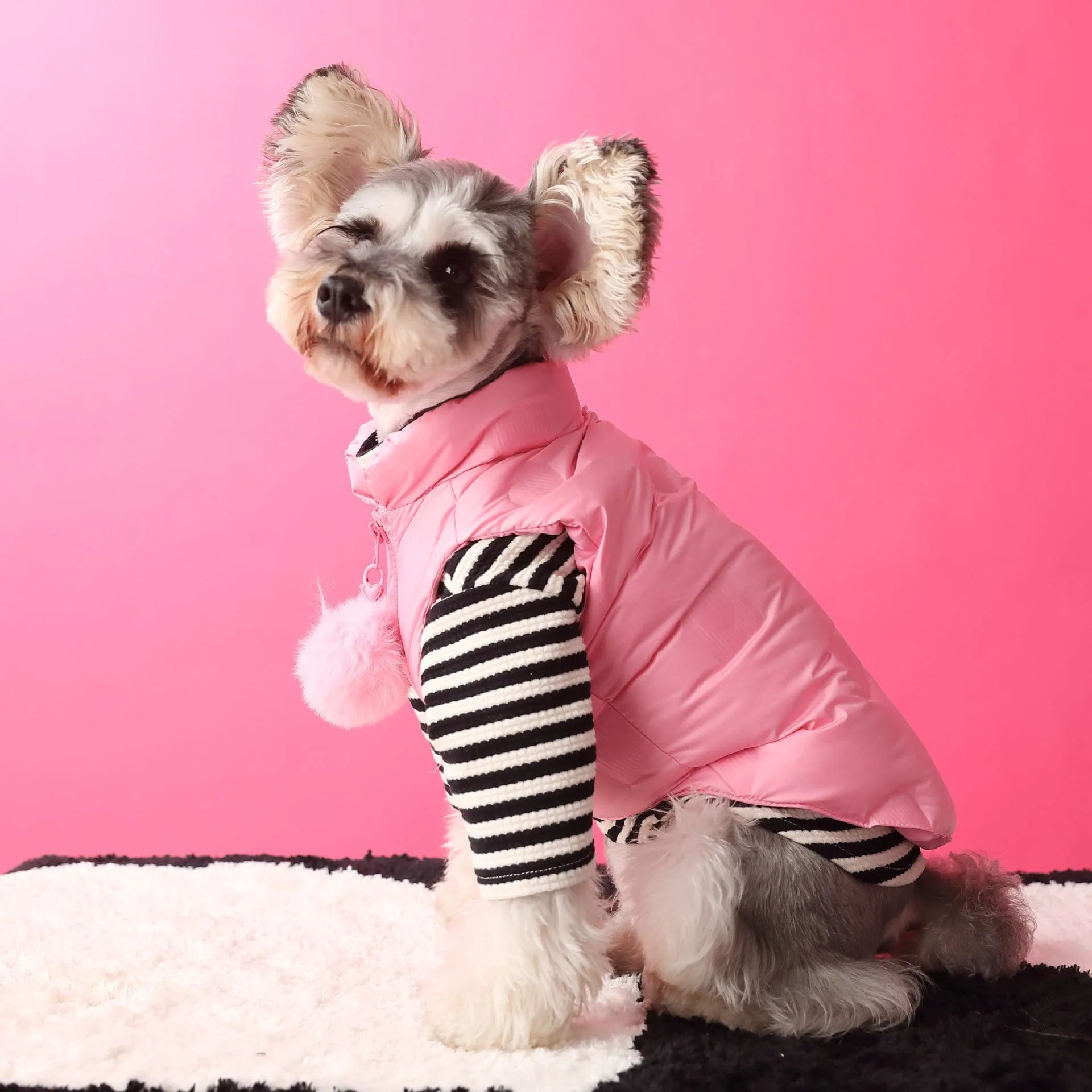 Polyester sleeveless warm down dog vest in Vest colour with removable fur ball, side view