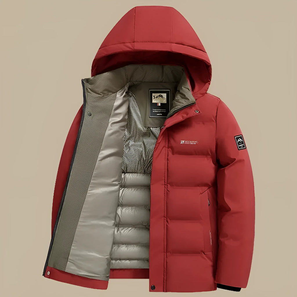 Warm fleece thickened down jacket in black with removable cotton-padded cap, corduroy and linen construction, size 175-195