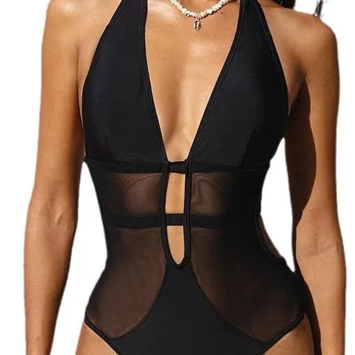 Black women's one-piece swimsuit with V-neck hanging neckline and mesh detailing