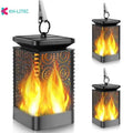 Set of four black solar-powered garden lanterns with flickering LED flame effect.