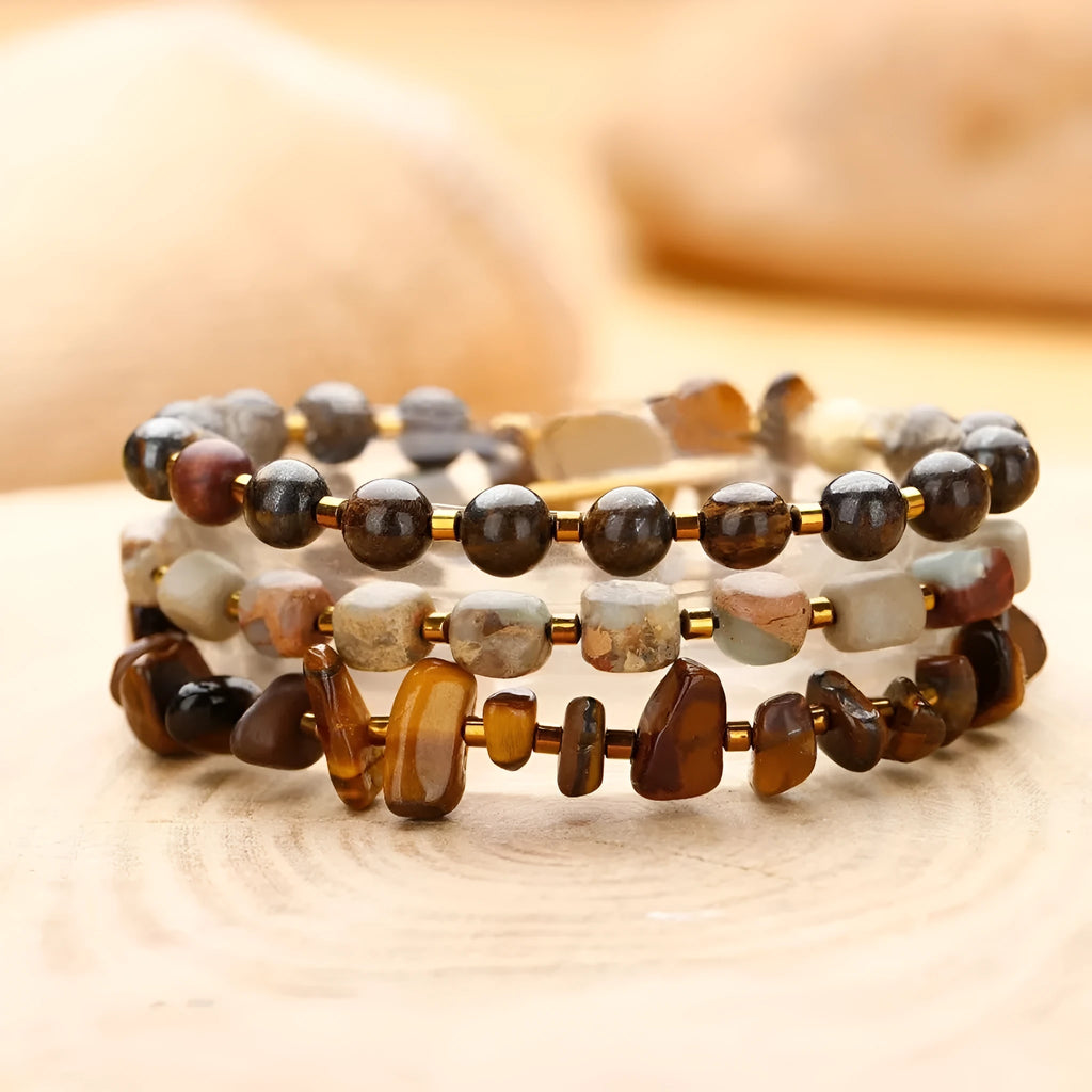 Tigereye stone and bronze geometric bracelet with texture details and bends design