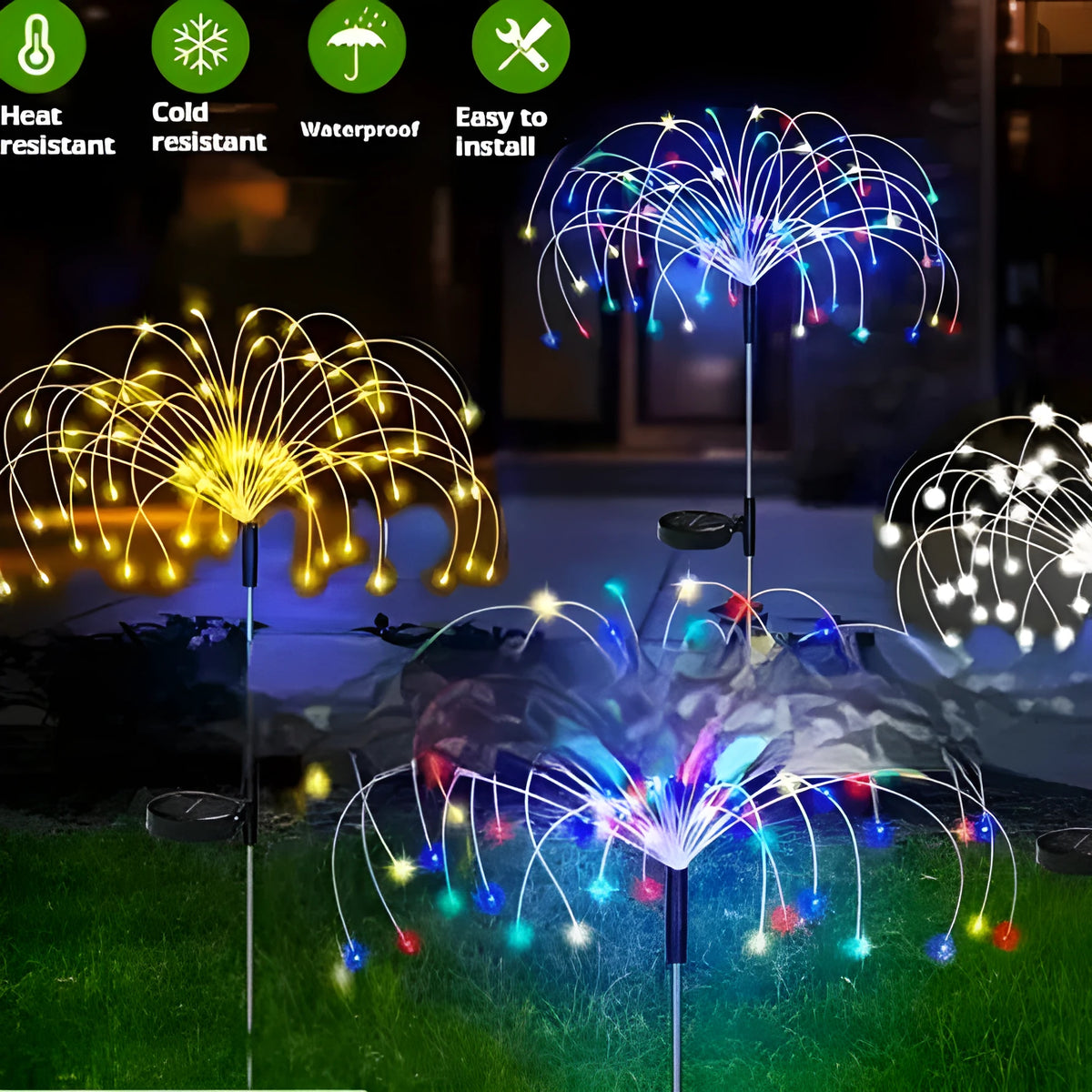 Solar powered fireworks lights with flower shape, IP65 protection, warm white or colourful light, and folding or straight rod options.