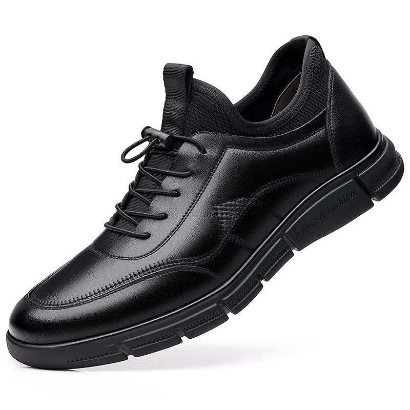 Black men's casual leather shoes with round toe, square heel, and leather stitching detail.