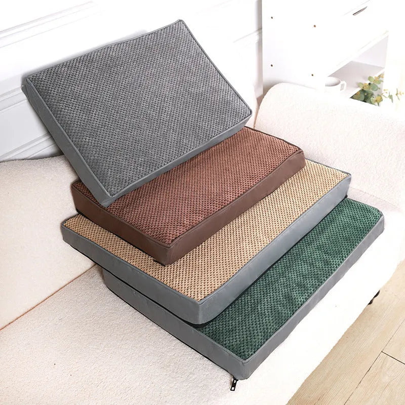 Pet memory foam mat with removable cover in grey, coffee, green, and khaki colours, four sizes