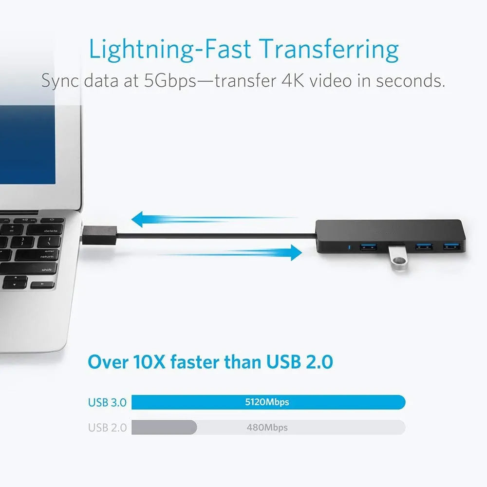 Black USB 3.0 hub with 4 Type-A ports and a 30cm connected cable on a desk.