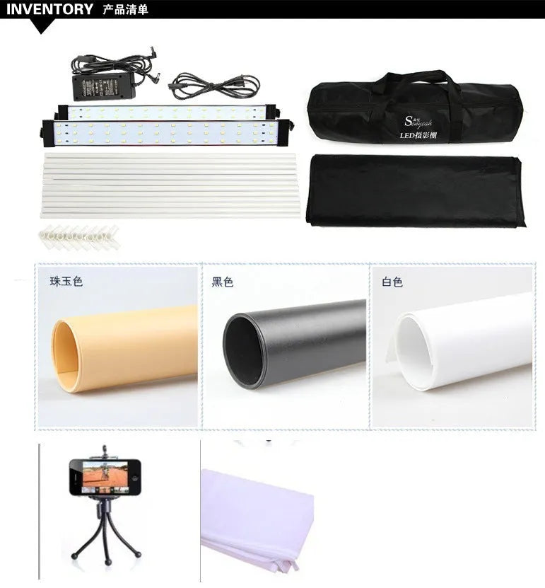 Black LED studio 60cm light box unfolded with 64cm cube workspace and polyester background screen