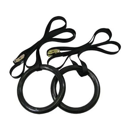 Black nylon gymnastics ring for pull-ups and upside-down fitness exercises weighing 1.5 kg