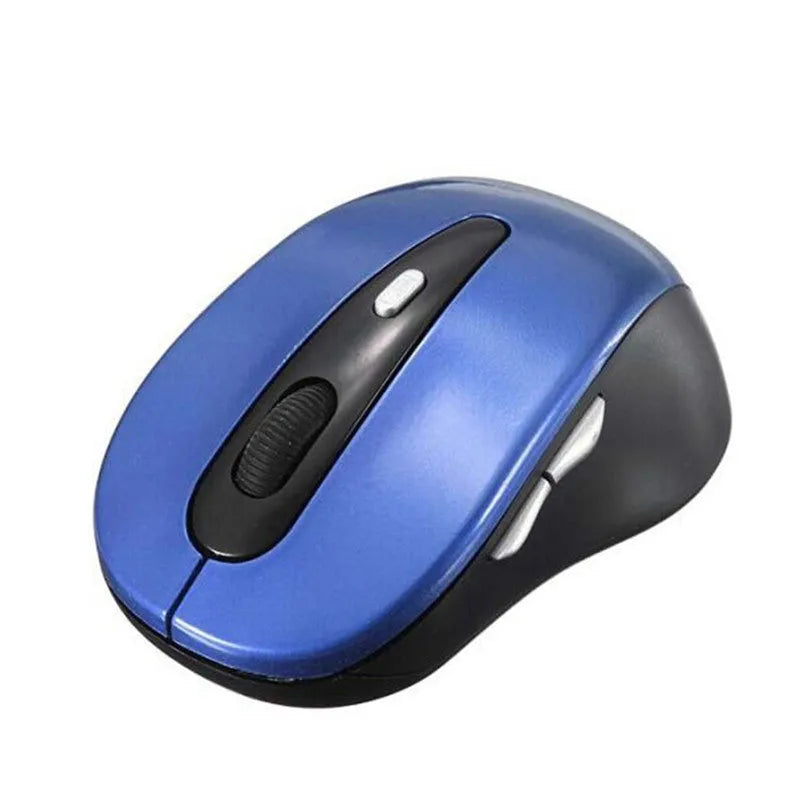Wireless dual-mode mouse in black with ergonomic shape showing left and right buttons and scroll wheel