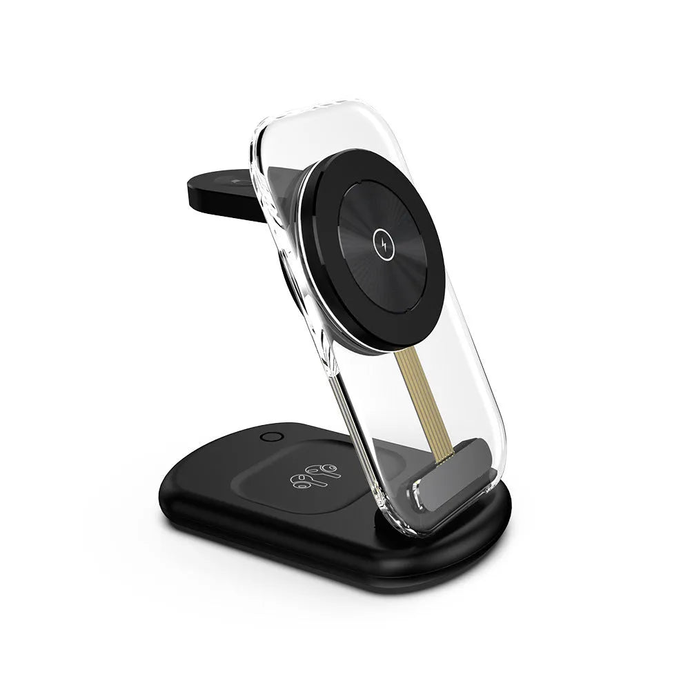 Clear folding wireless charger showing three internal coils, propped upright charging a mobile phone.