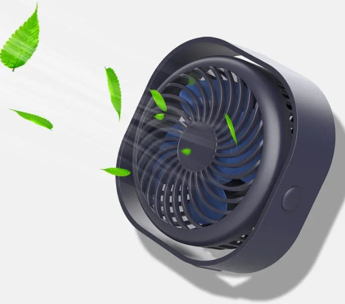 USB desk fan with rotating head in blue colour, showing rotary switch and compact square design.