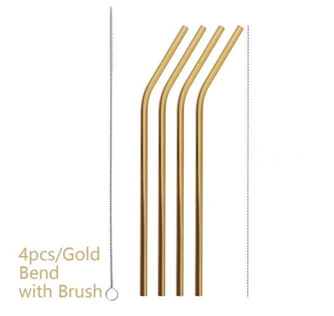 Set of stainless steel reusable straws in multiple diameters with cleaning brush