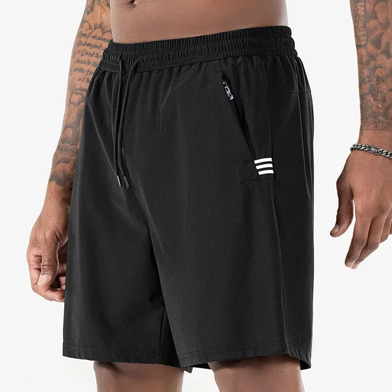 Men's black ice silk quick-drying shorts with drawstring waist and cropped length for sports activities