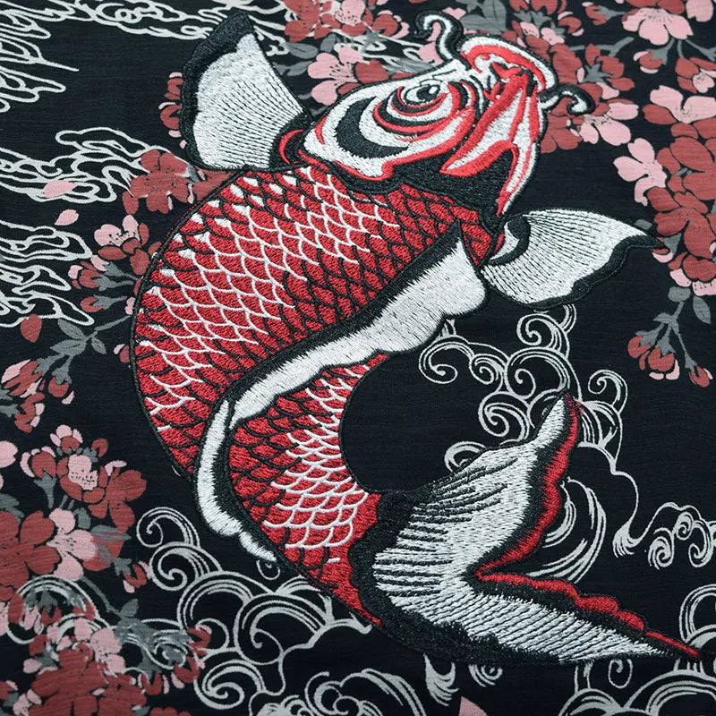 Embroidered men's cotton T-shirt in black, front view, available in sizes M to 3XL