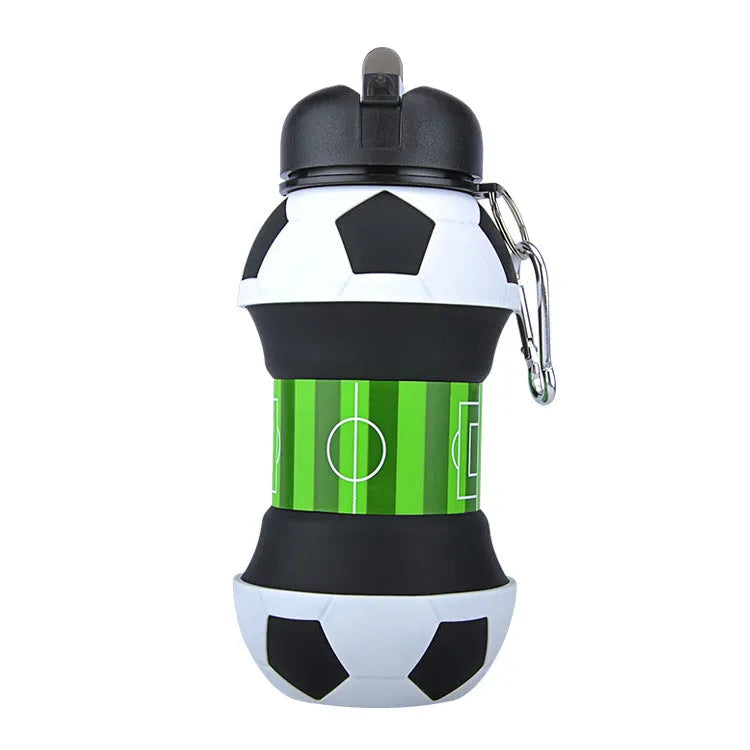 White football silicone collapsible water bottle with straw, 18oz BPA-free, leak-proof spout and carrying clip