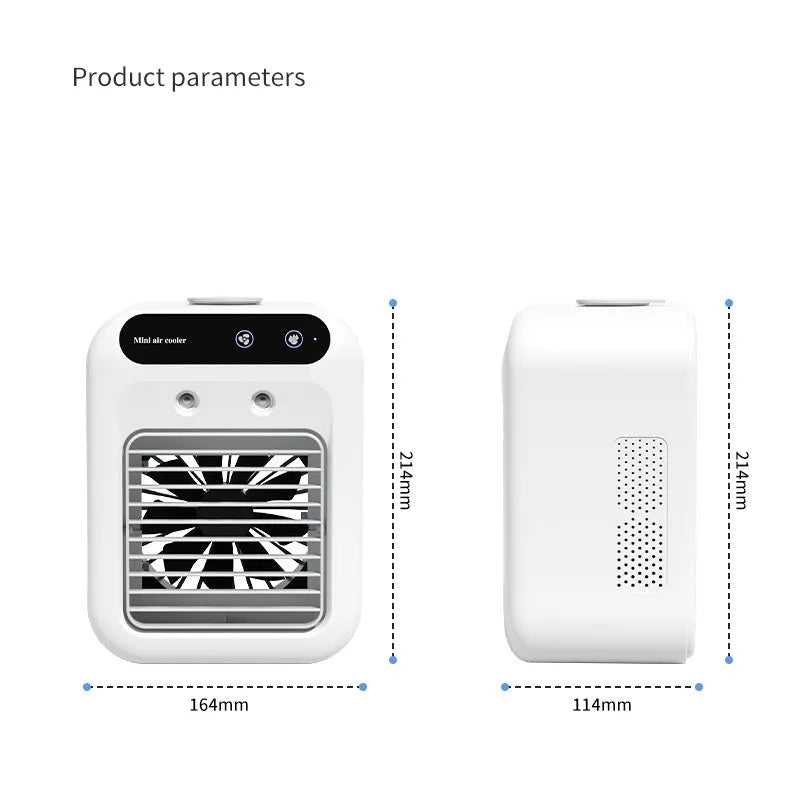 Ivory white portable USB air cooler fan with touchscreen panel on a desk