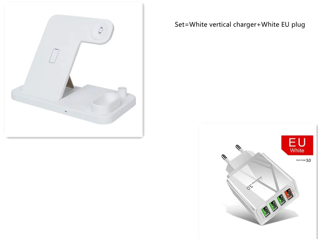 Black 4-in-1 wireless charging dock with phone on adjustable stand, Apple Watch and AirPods on charging modules