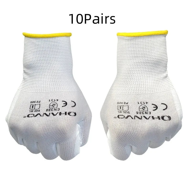 White PU coated labour gloves showing 24cm length and flexible construction