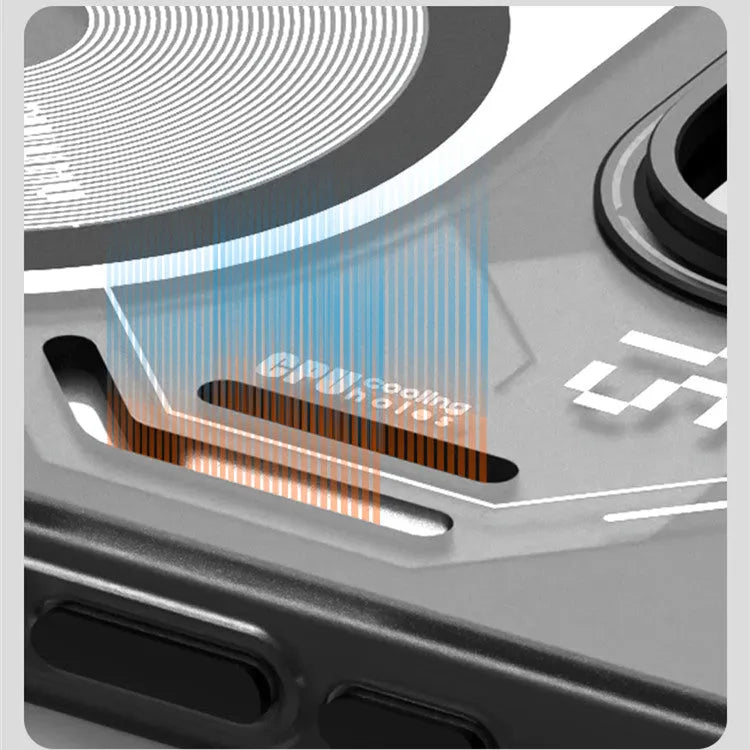 Grey magnetic phone case with cooling window for iPhone 15 Pro and iPhone 15 Pro Max, TPU drop-resistant cover, cyberpunk style.