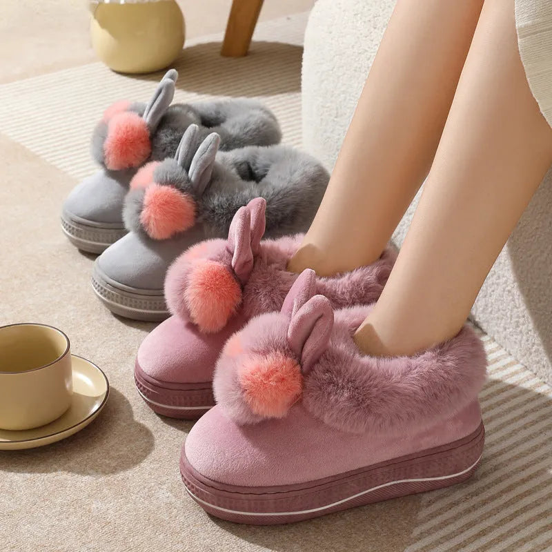 Women's winter high heel slippers in grey with plush upper and thick TPR sole