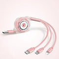 Black 3-in-1 telescopic charging cable with titanium alloy connectors extended to 120cm