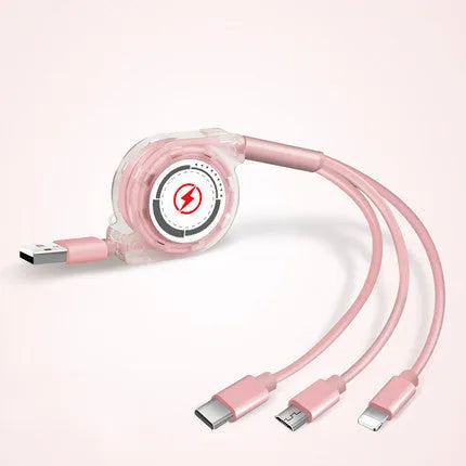 Black 3-in-1 telescopic charging cable with titanium alloy connectors extended to 120cm