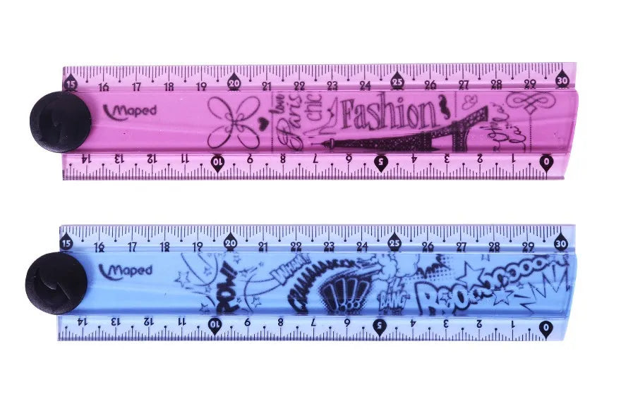 30cm widened rotary folding ruler in blue and pink resin on white background