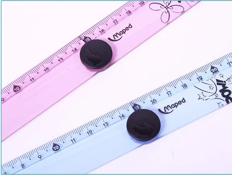 30cm widened rotary folding ruler in blue and pink resin on white background