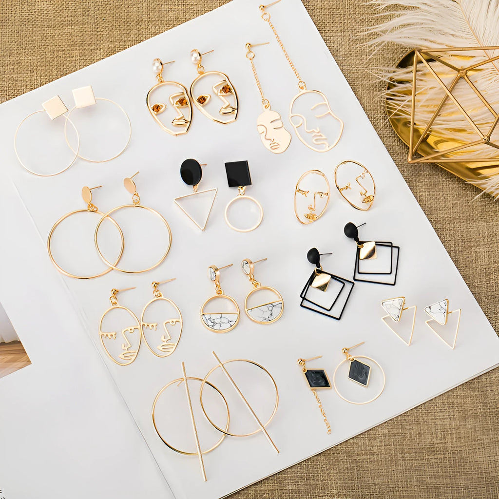 Geometric round earrings set of 4 in gold and silver alloy with electroplated finish