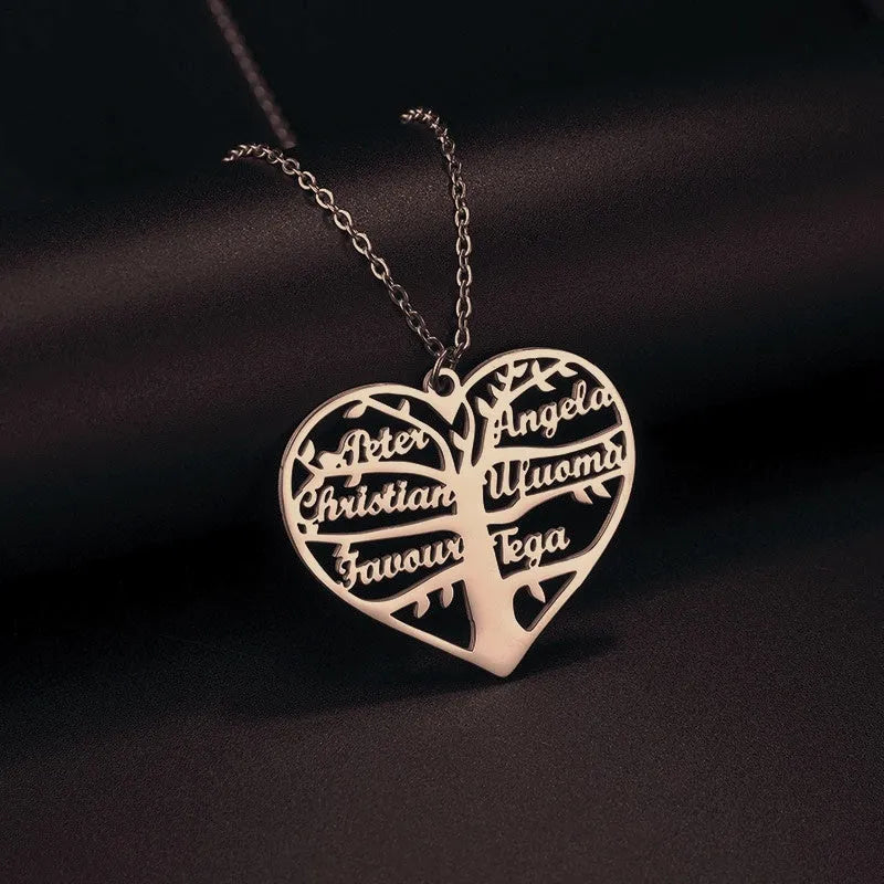 Customisable stainless steel name necklace with hollow heart and English letter lucky tree pendant.