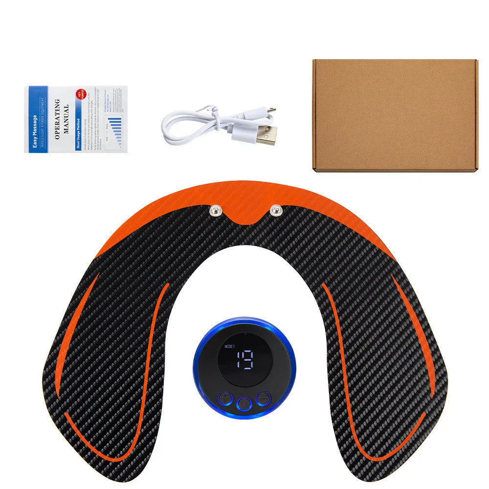 Compact EMS hip muscle training stimulator device with adhesive gel pads for buttocks and abdomen.