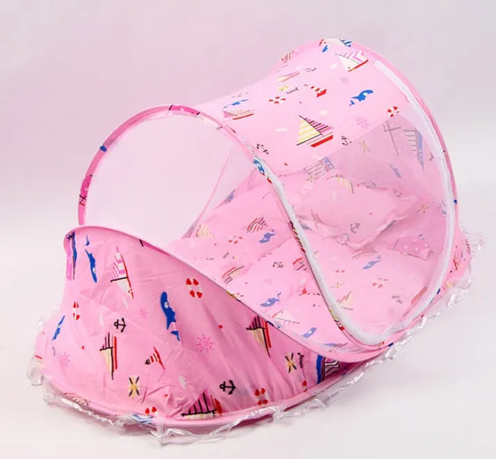 Foldable baby bed net 110x65x60cm with mattress and pillow, mesh cloth and steel wire frame, blue or pink