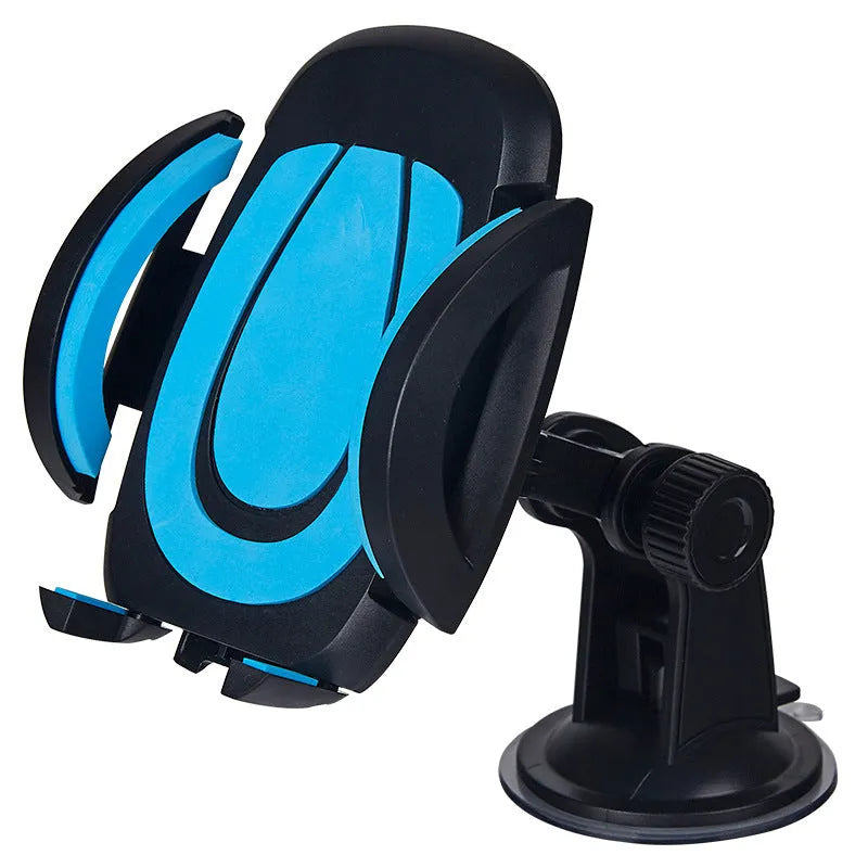 Red U-shaped suction cup car phone holder with wide clamp open, mounted on a car dashboard.