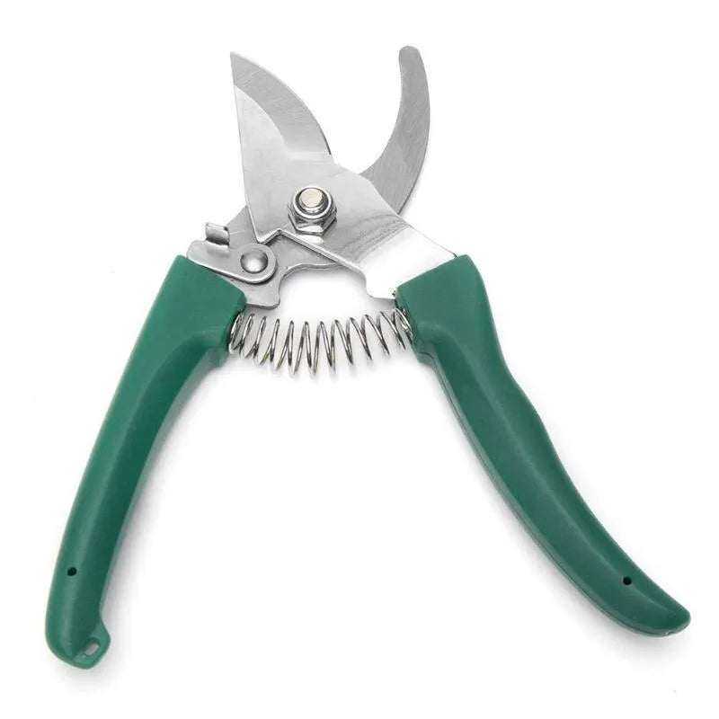 Green camouflage garden tool set in plastic case with stainless steel shovel, rake, scissors, and kettle