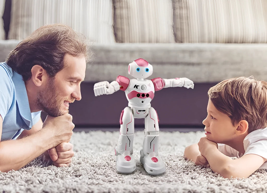 Remote control toy smart robot in blue with gesture sensing, dance, and eye lights