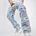 Men's blue cotton full length patched straight fit hip hop jeans on model