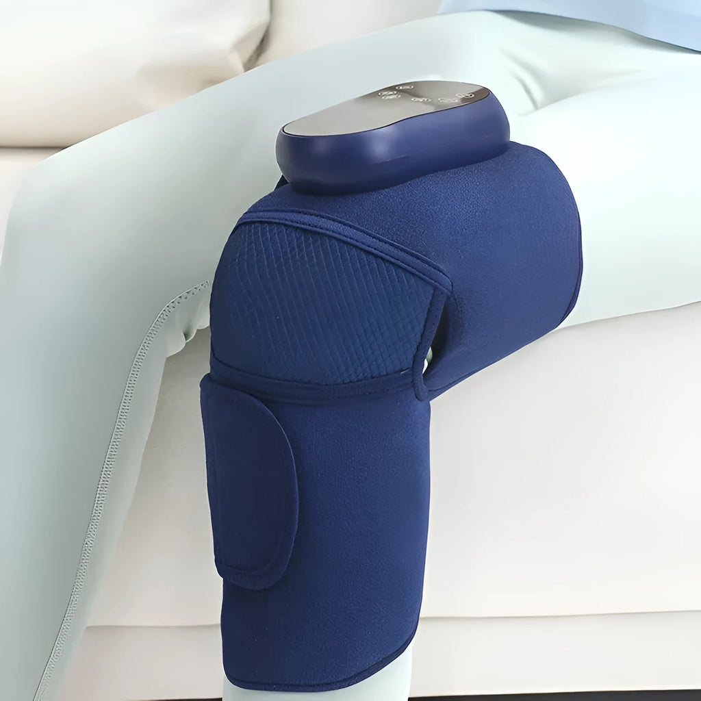 Airbag blue self-heating knee massager with adjustable wrap showing air pressure chambers
