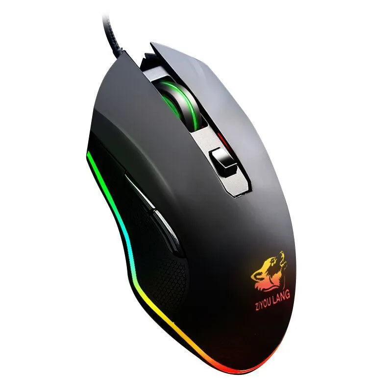 Black wired macro definition gaming mouse with RGB backlight and ergonomic shape on a desk