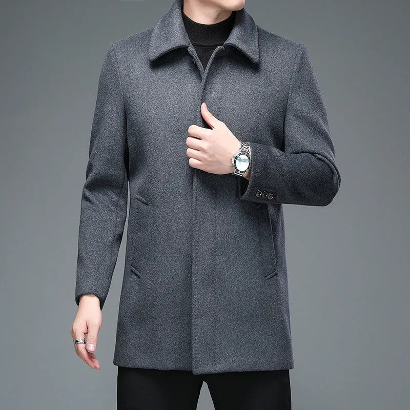 Mid-length Korean style trench coat with lapel collar and long sleeves in dark blue wool blend