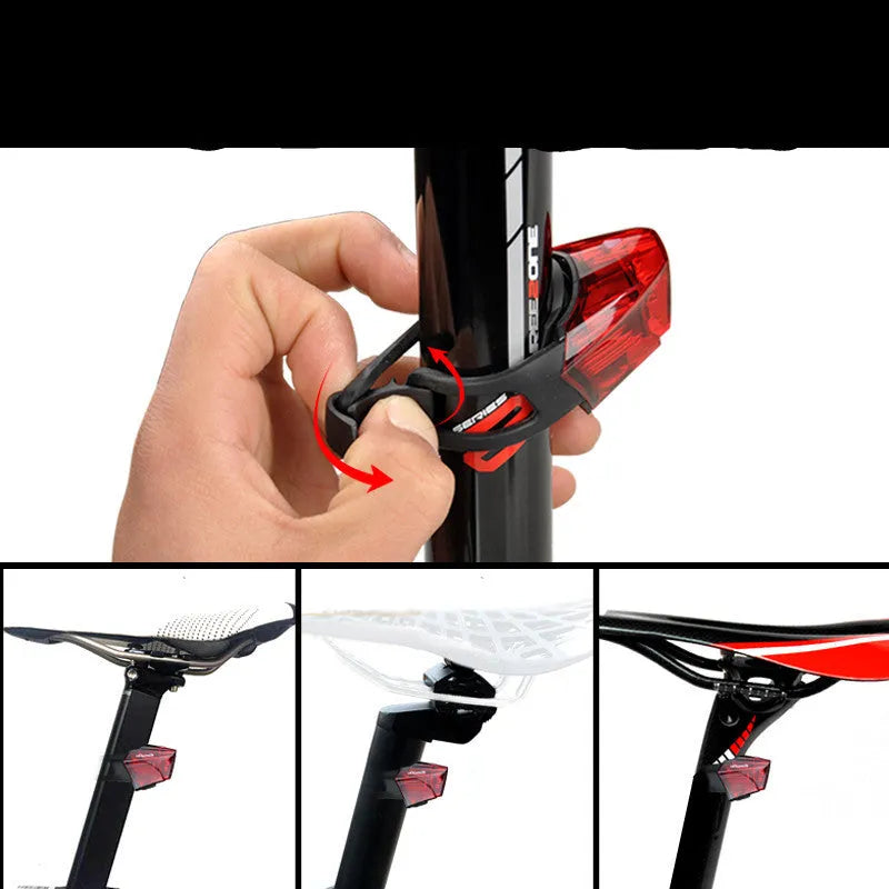 Bicycle tail light with 3 LED lamp beads, IPX-4 waterproof, 62x43x38mm, black housing mounted on bike seatpost