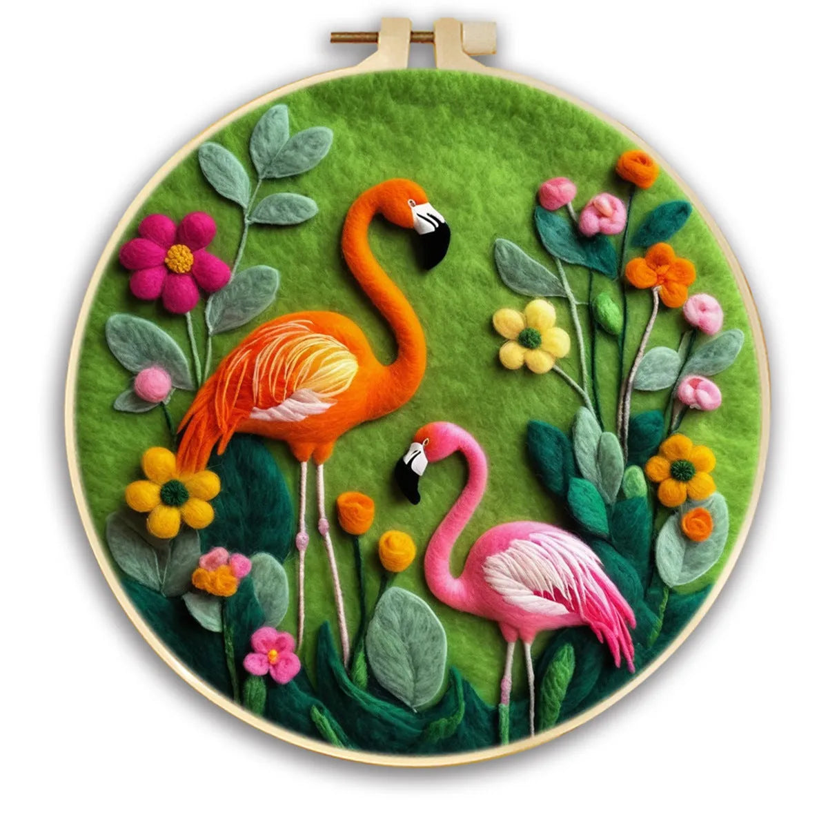 Round linen embroidery frame with wool felt floral decoration kit for three-dimensional wall art