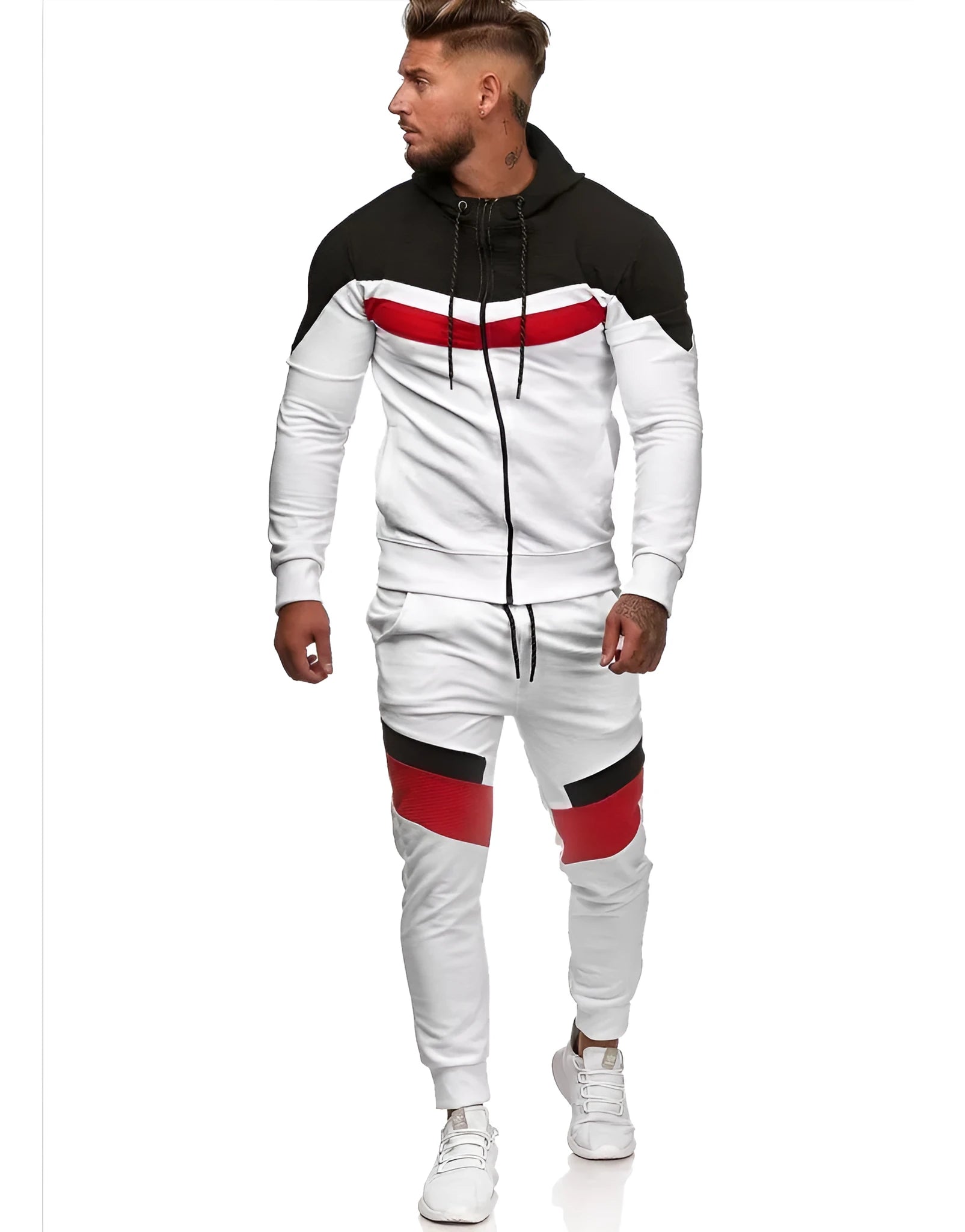 Cotton colorblock hoodie sportswear in two-tone Red and White, pullover style, front view