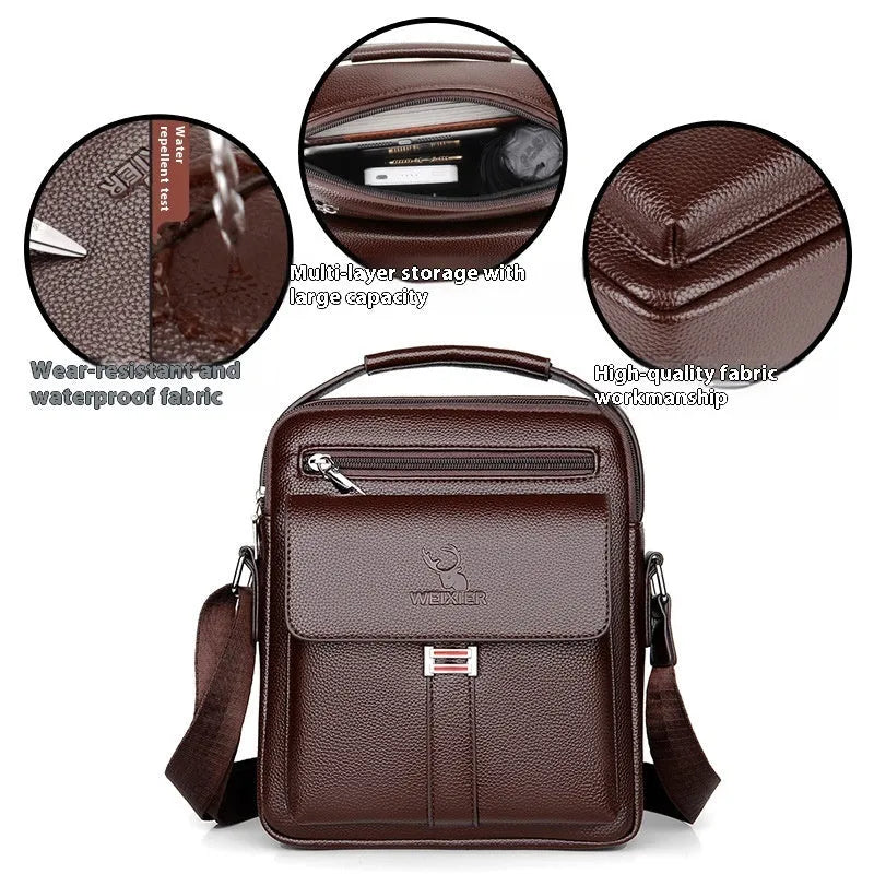 Men's PU leather crossbody shoulder bag in black plain finish with visible sewing line detail and crossbody strap