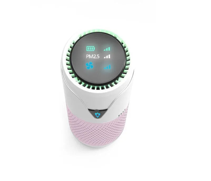 AN-SY01 car air purifier with HEPA filter, PM2.5 display, and 5200mAh battery in silver