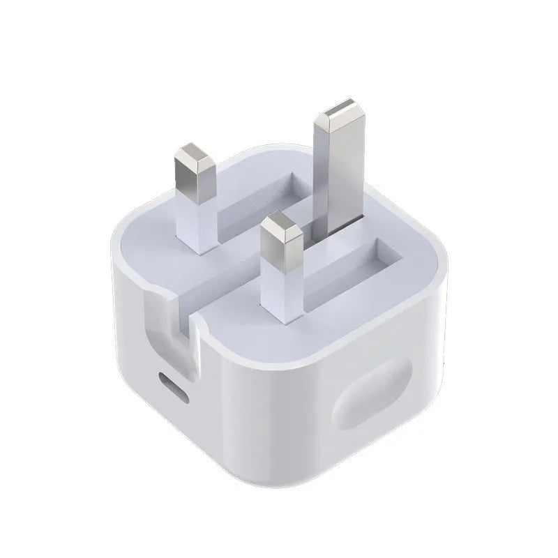 White 20W PD fast charger with UK plug and a USB Type-C charging cable.