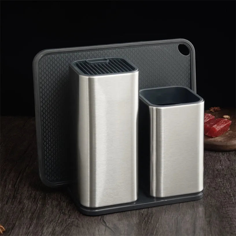 Black and white kitchen tool holder with storage bucket for knives and cutlery organisation