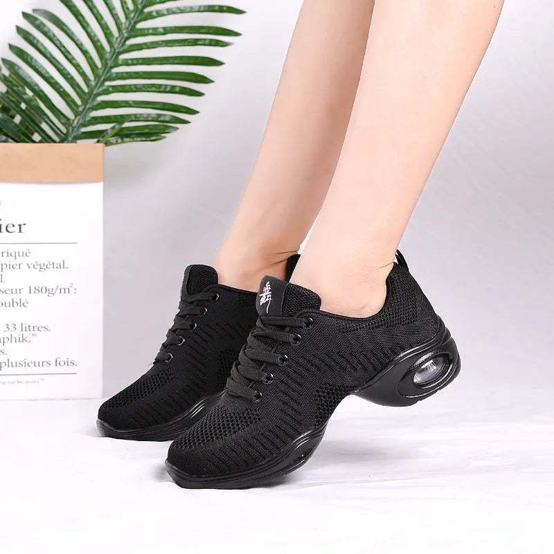 Women's breathable Flyknit mesh dance shoes in multiple colours with a soft PU sole.